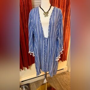 Blue Striped boho swim cover up with Tassels